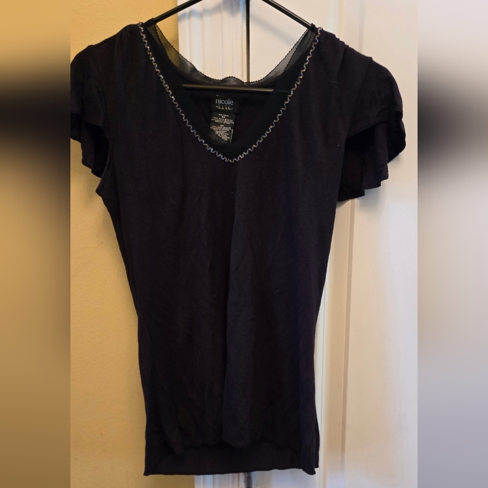 Nicole by Nicole Miller Womens Purple Flutter Sleeve T-Shirt Beaded V-neck